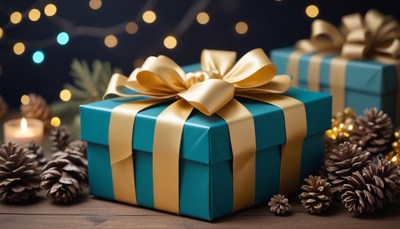 A blue gift box with a gold ribbon sits on a wooden table