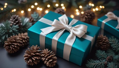 Teal gift box with bow amid pine cones and branches