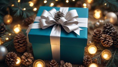 Teal gift box with white bow on a wooden table