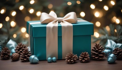 Teal gift box with a white ribbon on the table
