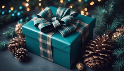 A teal gift box with a plaid bow sits on a dark background