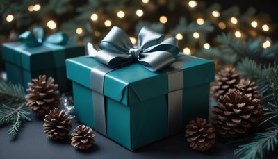 Teal gift box with silver bow on dark surface