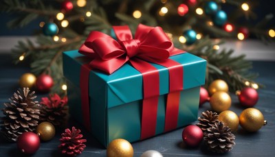 Teal gift box with red bow on a table with ornaments