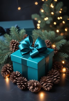A teal gift box sits surrounded by pine cones and lights