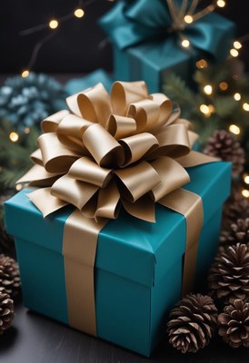 A teal gift box with a gold bow sits on a table