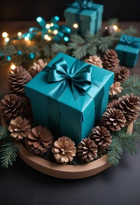 Teal gift box with a bow on a tray with pine cones