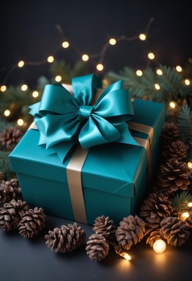 Teal gift box with a bow, surrounded by pine cones