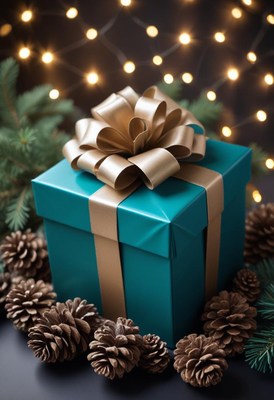 Teal gift box with gold bow, pine cones, and lights