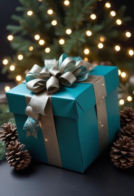 Teal gift box with silver bow under tree lights