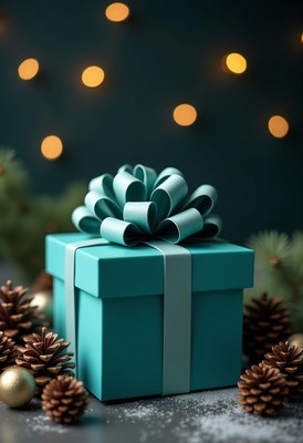 Teal gift box with a bow on table with pine cones