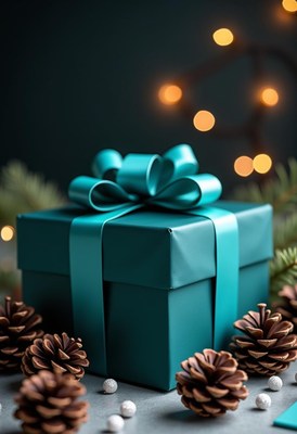 Teal gift box with a bow on a table with pine cones