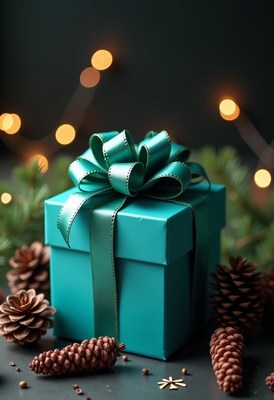 A teal gift box with a satin bow sits on a dark surface