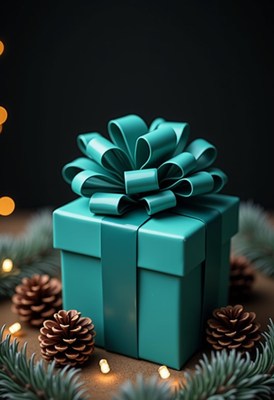 Teal gift box with a bow on a table with pine
