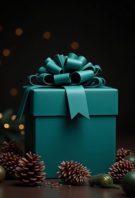 Teal gift box with bow on table with pine cones