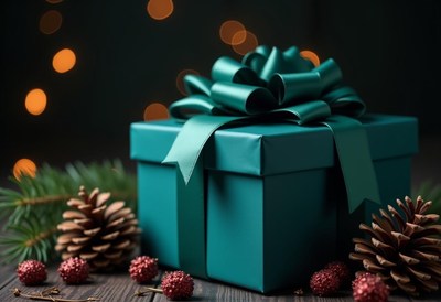 Teal gift box on wood with pine branches and cones