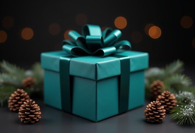 Teal gift box with a bow rests on a dark surface