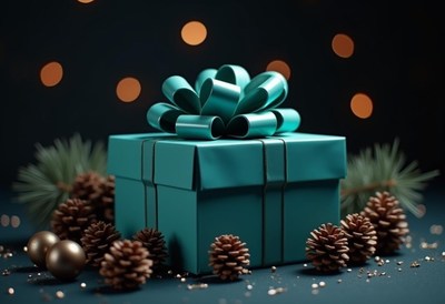 Teal gift box with bow amid pine cones and lights