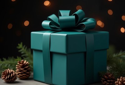 A teal gift box with a satin bow sits on a table