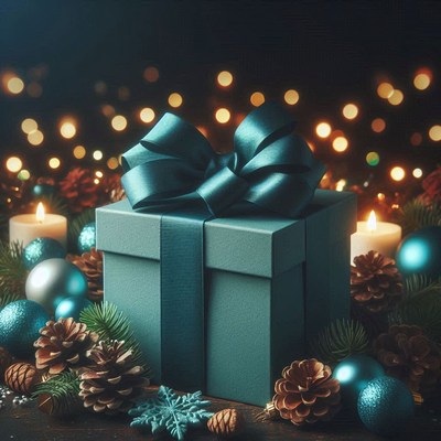 Teal gift box with bow in a festive scene