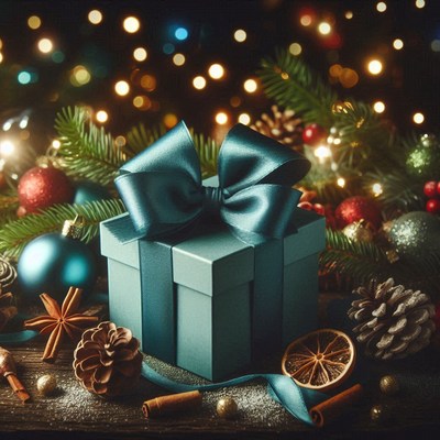 Teal gift box with bow among christmas decor