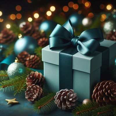 Teal gift box with satin bow, pine cones, ornaments