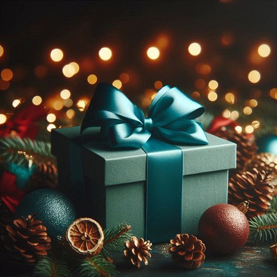 Teal gift box with bow among pine branches