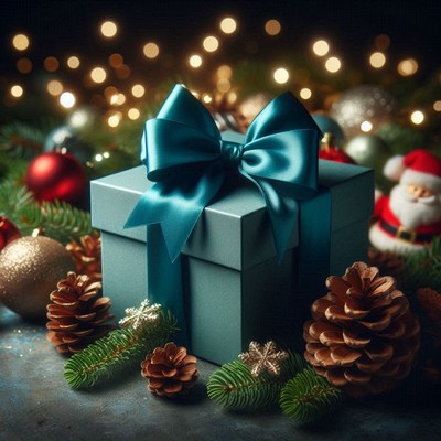 Teal gift box with blue bow among pine branches