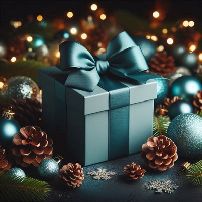 Teal gift box with bow among pine cones and ornaments