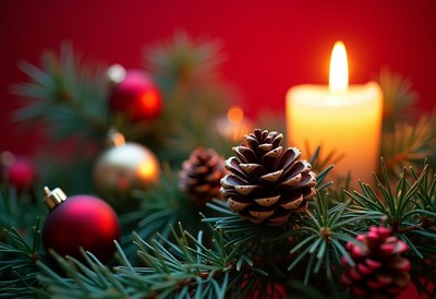 A close-up shot of a pine cone on a green pine branch