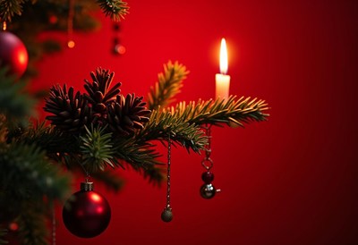 A single candle glows on a christmas tree branch