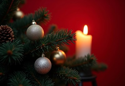 A lit candle glows near a christmas tree