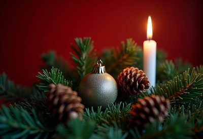 A green ornament rests by a candle on pine needles