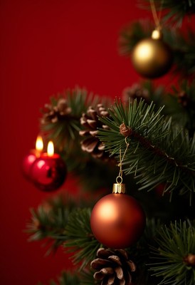 A copper ornament hangs on a christmas tree