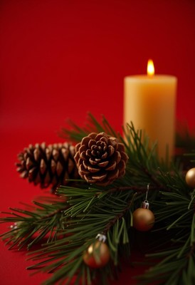 A candle rests by a pine bough with ornaments