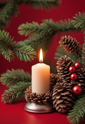 A lit candle sits surrounded by pine cones and greenery