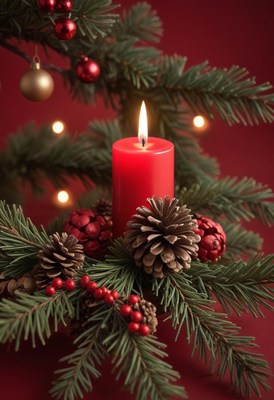 A red candle burns brightly on a christmas tree branch