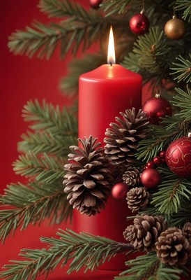 A red candle burns brightly on a christmas tree branch