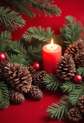 A red candle glows among pine branches and cones