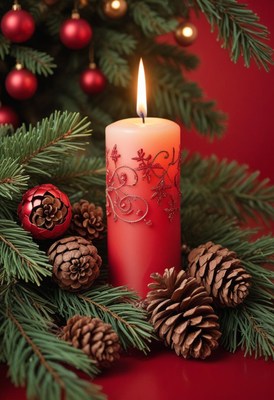 A red candle glows beside pine branches and cones