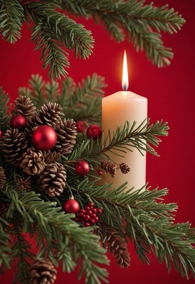 A lit candle rests in a pine bough with red ornaments