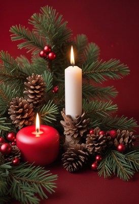 A red and white candle glows among pine branches