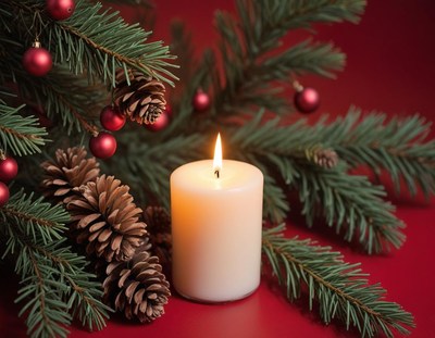 A lit candle sits near pine branches and red ornaments