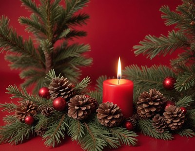 A candle surrounded by pine branches and cones
