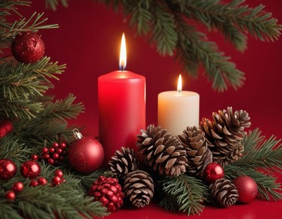 Two candles burn brightly amidst pine branches and ornaments