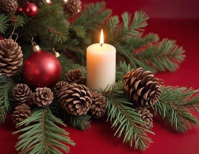 A lit candle sits amongst pine branches and ornaments