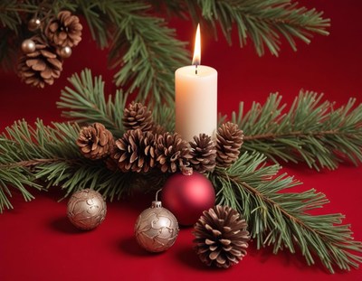 A lit candle sits among pine branches and ornaments