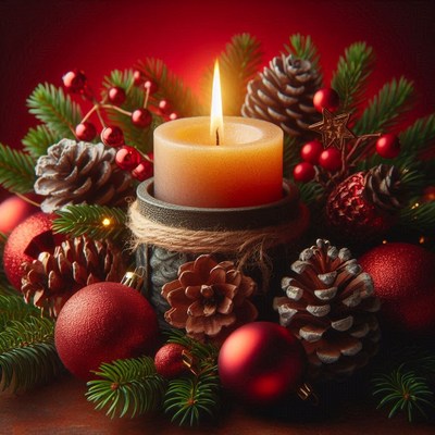 A candle in a festive mix of pine and ornaments