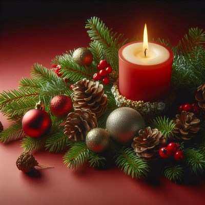 A red candle burns in a festive arrangement
