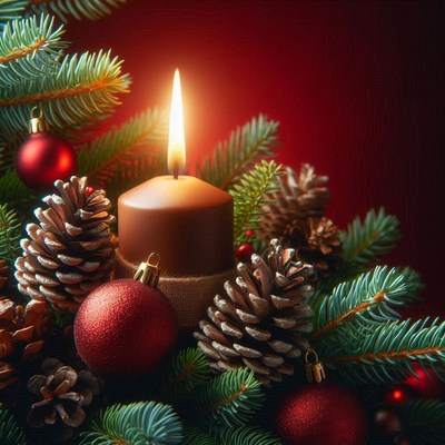 A lit candle sits in a christmas arrangement