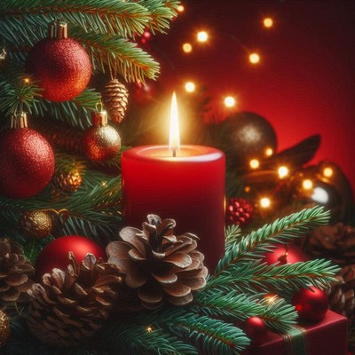 A burning candle sits amongst pine branches and ornaments